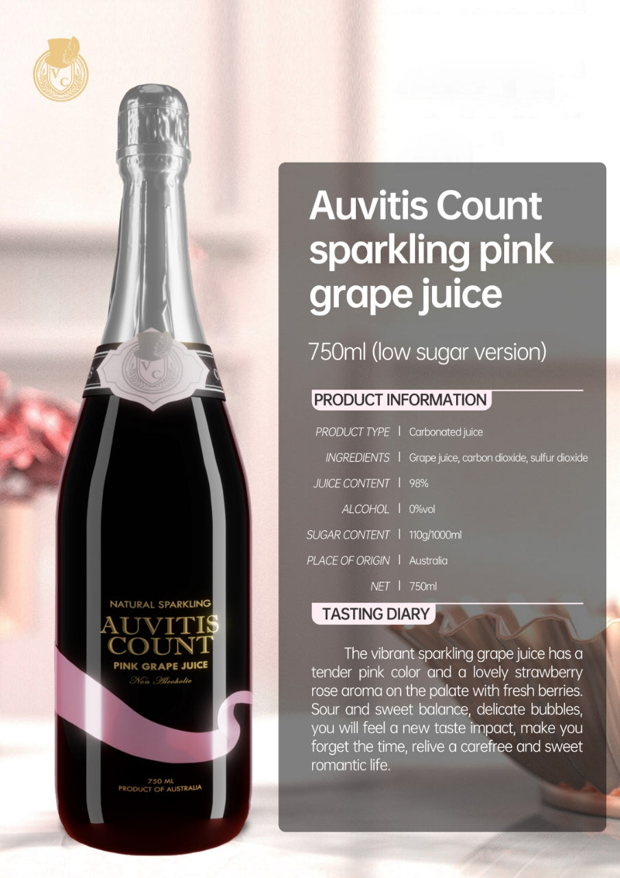 Auvitis Count Non-Alcoholic Sparkling Pink Grape Juice 750ml Low Sugar 6 bottles